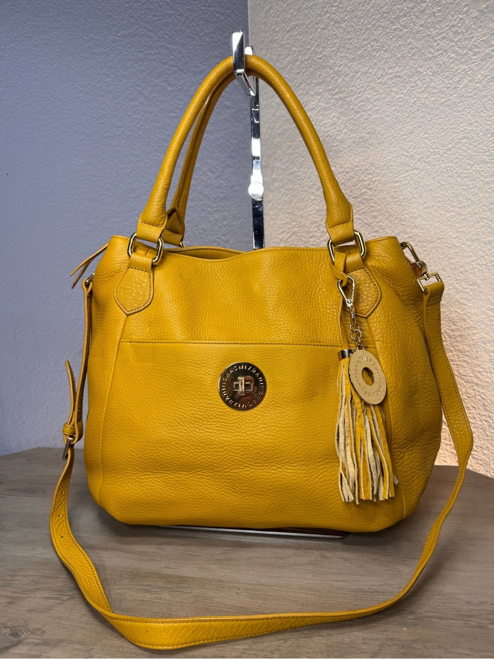 Isaac Mizrahi Leather Satchel Dijon Yellow Boho Crossbody Shoulder Bag